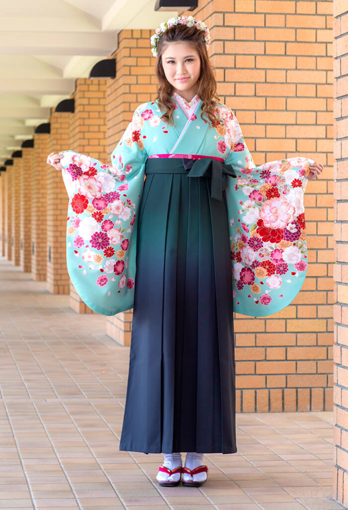 ひわ八重桜ラメ刺繍とグリーン×黒ぼかしの卒業式袴