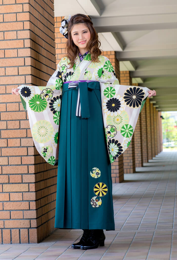 JS 緑黒 小紋菊×JSグリーン菊刺繍の卒業式袴