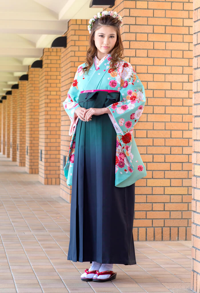 ひわ八重桜ラメ刺繍とグリーン×黒ぼかしの卒業式袴