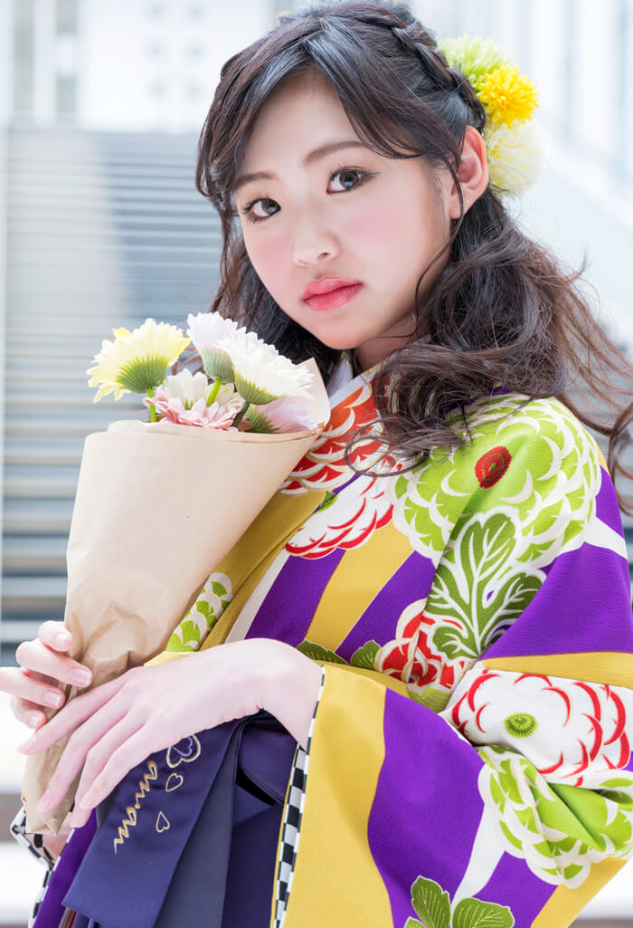 白ムラサキ黄色に菊とanan花輪 紫ぼかしの卒業式袴