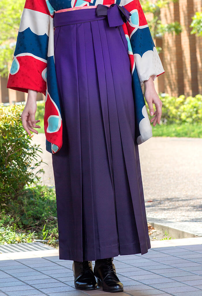 赤に青白雲と紫ぼかしの卒業式袴