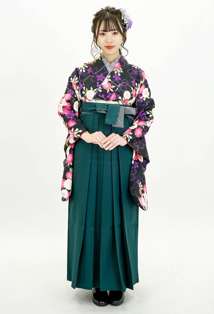 レンタル袴：クロ雪輪八重ザクラ×フカミドリ梅ひも縞