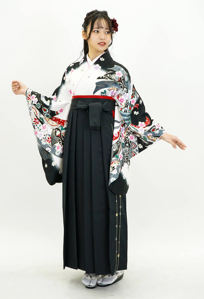 レンタル袴：白地に黒束ねのし×黒すだれ