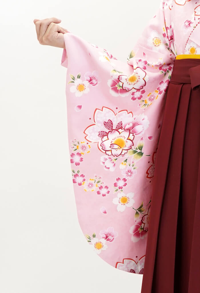 レンタル袴：ピンクに小桜リング小紋×エンジローズシシュウ