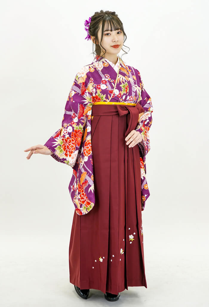 レンタル袴：HL紫ぼたんと小松×エンジ斜め刺繍ザクラ 