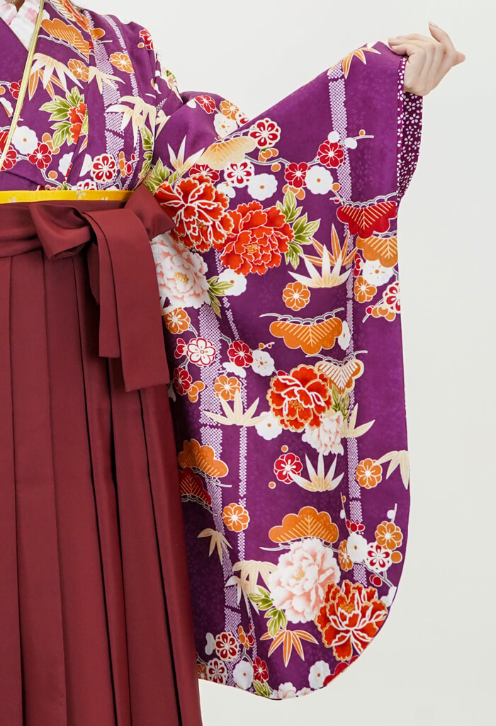 レンタル袴：HL紫ぼたんと小松×エンジ斜め刺繍ザクラ 