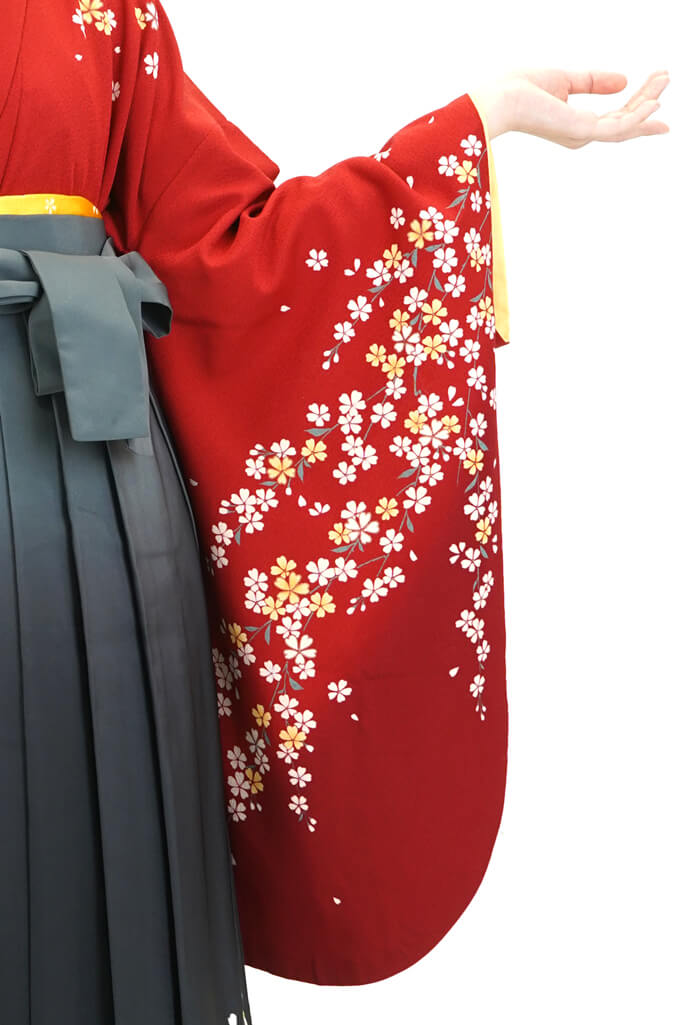 レンタル袴：赤小花ちらし×グレーボカシ斜めシシュウ