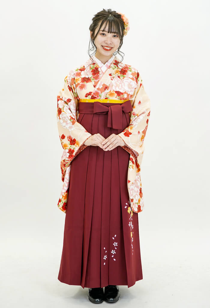 卒業式のレンタル袴：ＨＬサーモンオレンジぼたんと桜 ×エンジ友シダレザクラ