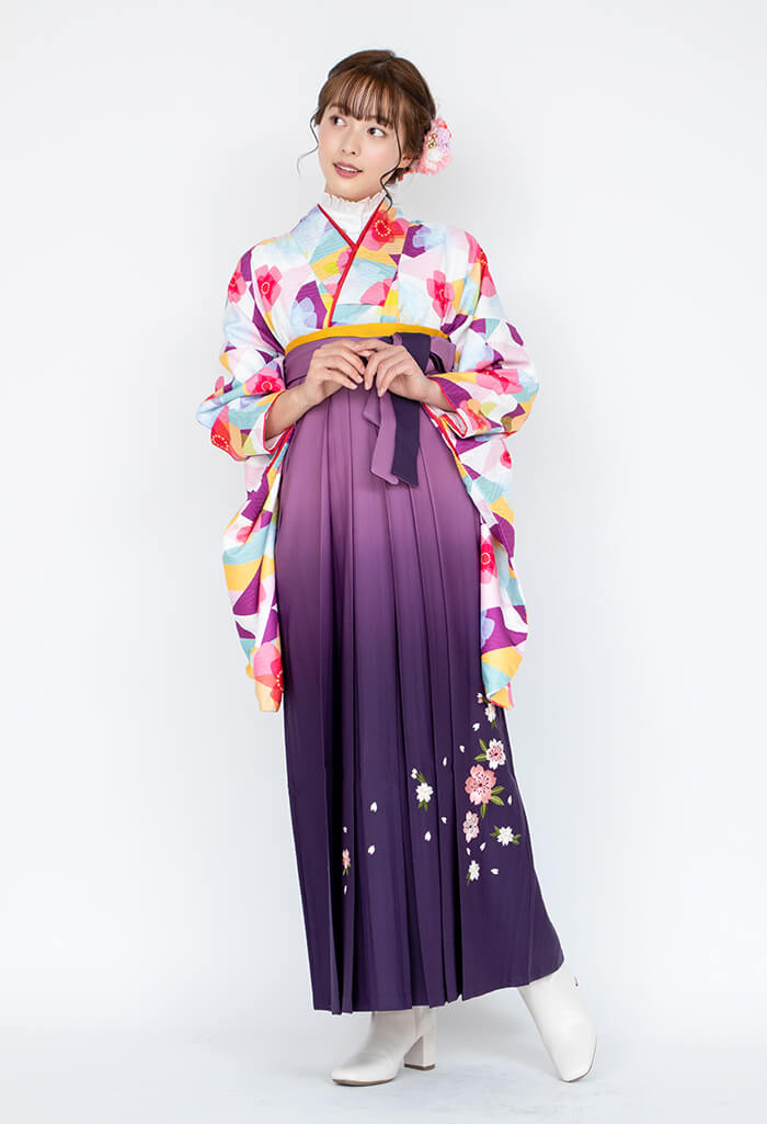 ピンクムラサキ桃花×紫ボカシ刺繍・大花 | 卒業式袴レンタルのアンジュ