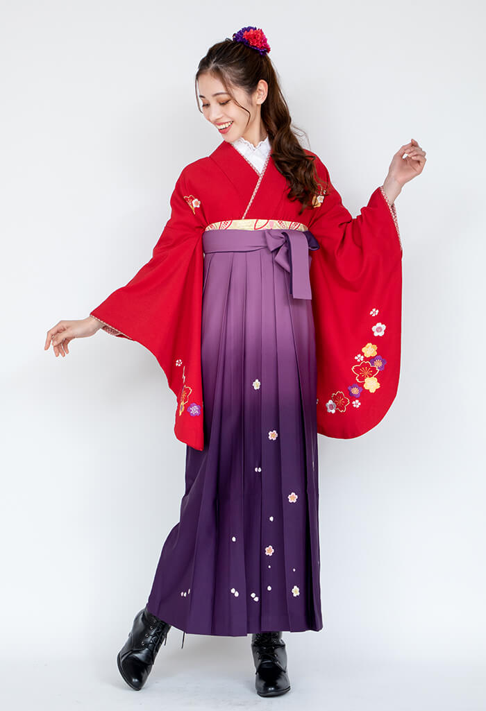 【卒業式袴レンタル/コーデ】P00063_Z00008 赤梅の花×紫ボカシ刺繍・小花