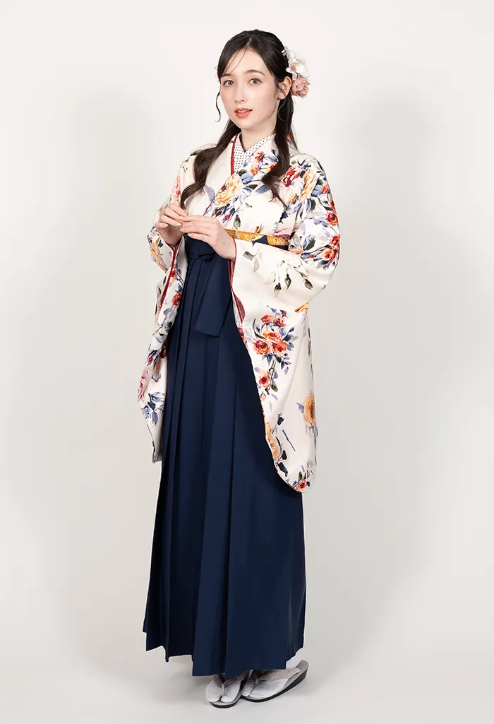 卒業式袴レンタル EEE950_KON006 着物：白地洋バラ 袴：コン