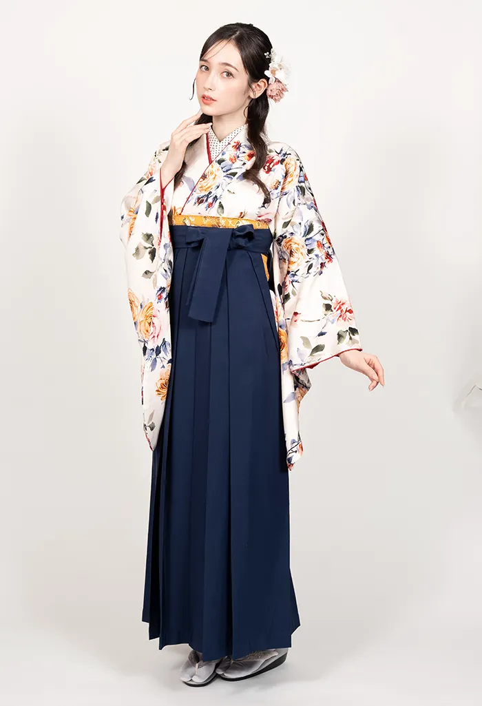 卒業式袴レンタル EEE950_KON006 着物：白地洋バラ 袴：コン