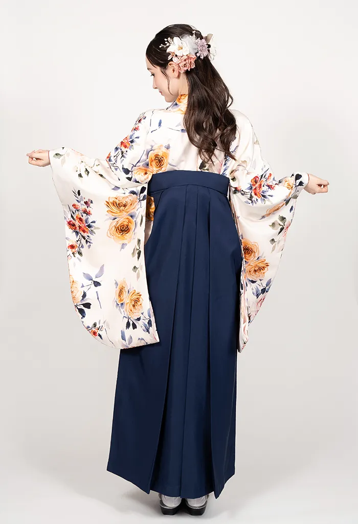 卒業式袴レンタル EEE950_KON006 着物：白地洋バラ 袴：コン