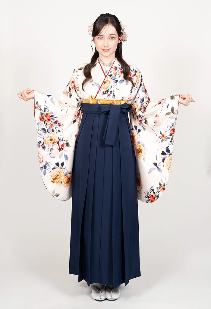 卒業式袴レンタル EEE950_KON006 着物：白地洋バラ 袴：コン