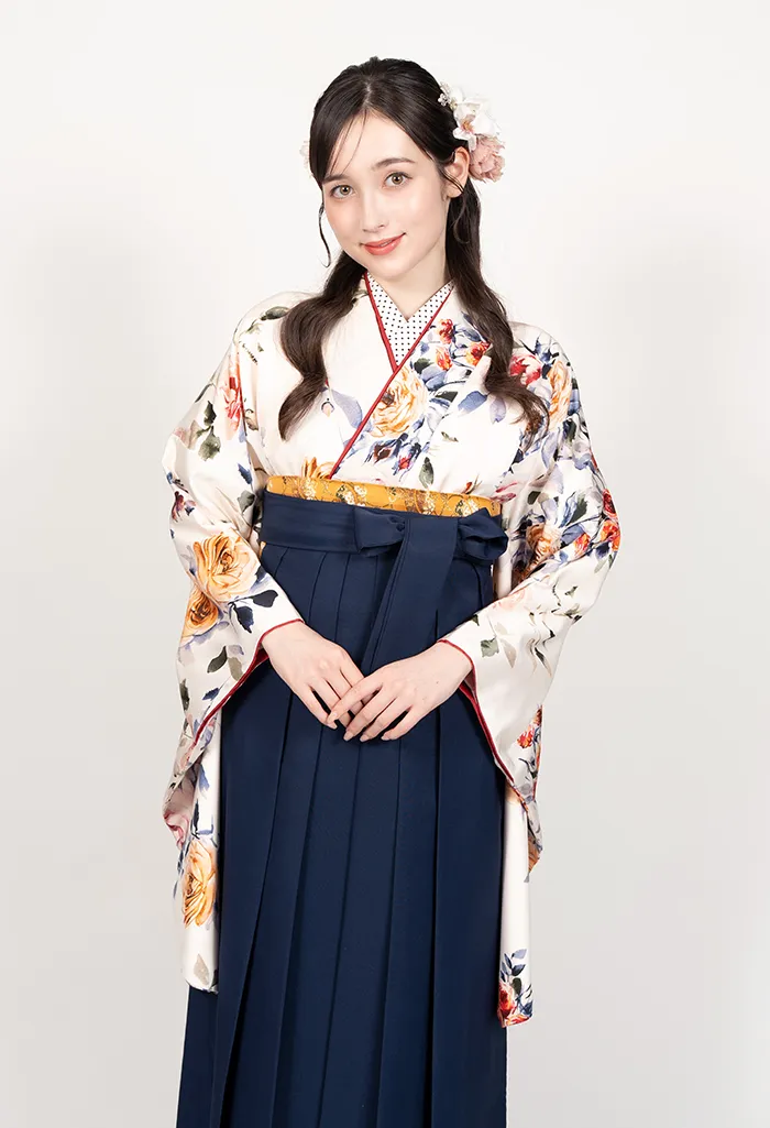 卒業式袴レンタル EEE950_KON006 着物：白地洋バラ 袴：コン