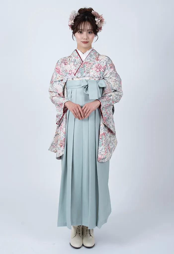 卒業式袴レンタル EEE951_SMG028 着物：白ちりめん小花散し 袴：スモーキーグリーン　