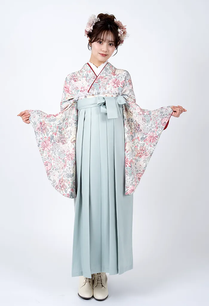 白ちりめん小花散し×スモーキーグリーン　