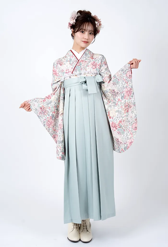 卒業式袴レンタル EEE951_SMG028 着物：白ちりめん小花散し 袴：スモーキーグリーン　