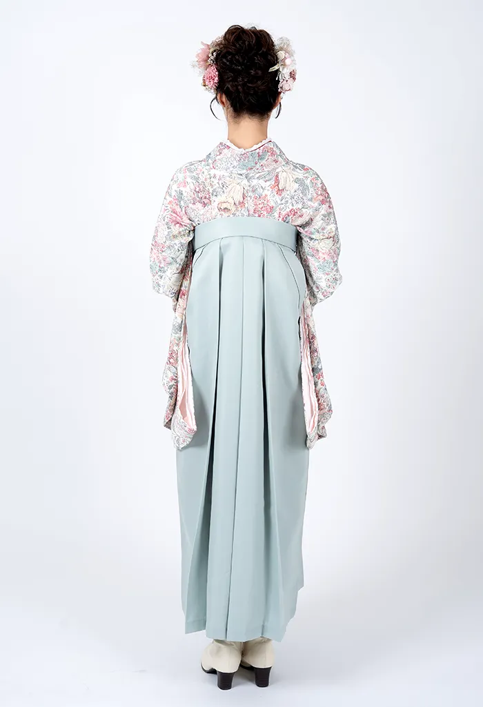 卒業式袴レンタル EEE951_SMG028 着物：白ちりめん小花散し 袴：スモーキーグリーン　