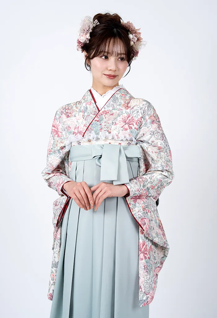 卒業式袴レンタル EEE951_SMG028 着物：白ちりめん小花散し 袴：スモーキーグリーン　