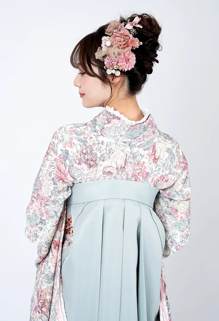 卒業式袴レンタル EEE951_SMG028 着物：白ちりめん小花散し 袴：スモーキーグリーン　