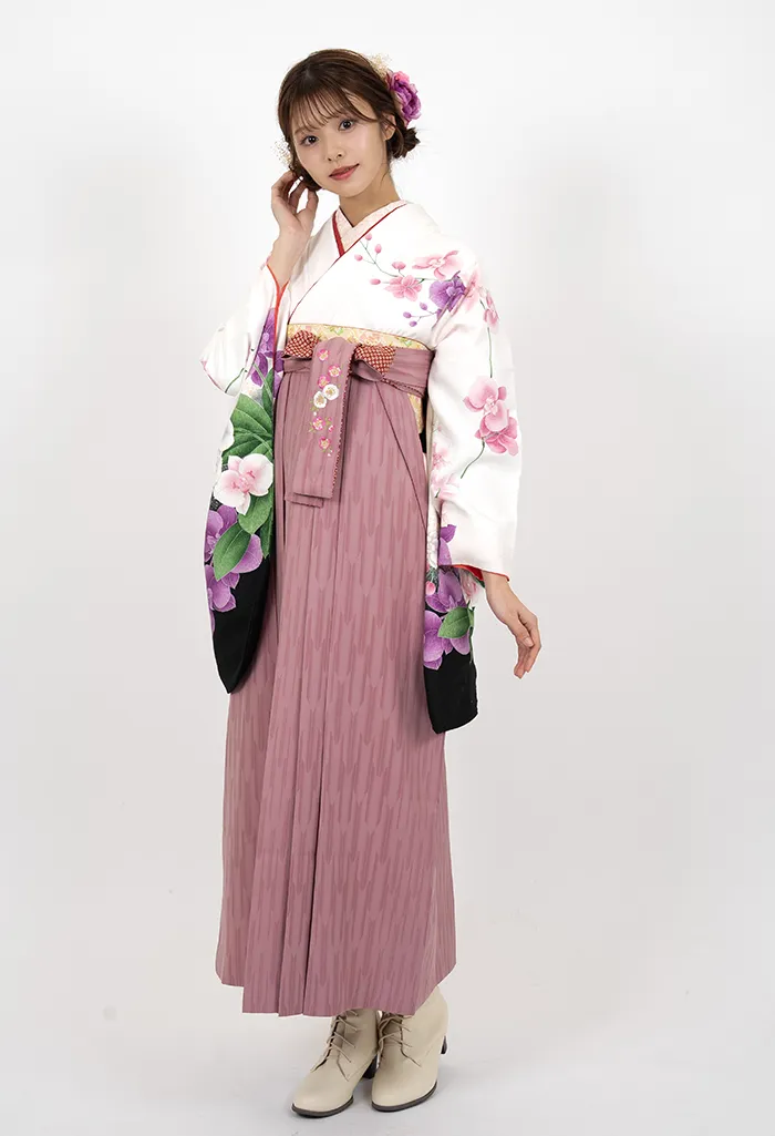 卒業式袴レンタル G00011_M00043 着物：白胡蝶蘭 袴：ピンクkansai矢絣