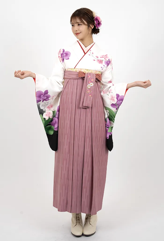 卒業式袴レンタル G00011_M00043 着物：白胡蝶蘭 袴：ピンクkansai矢絣