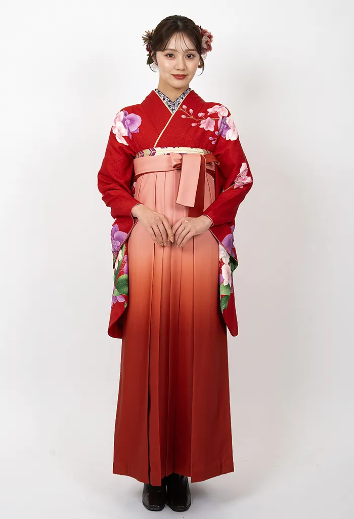 卒業式袴レンタル G00013_K00051 着物：赤胡蝶蘭 袴：サーモンピンクぼかし