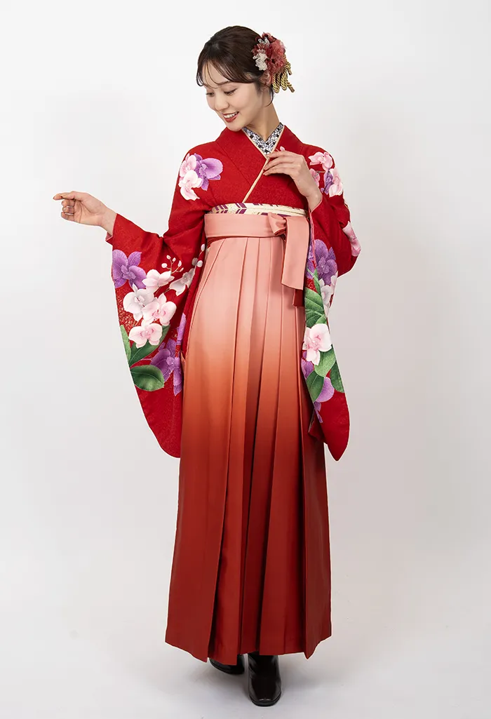 卒業式袴レンタル G00013_K00051 着物：赤胡蝶蘭 袴：サーモンピンクぼかし