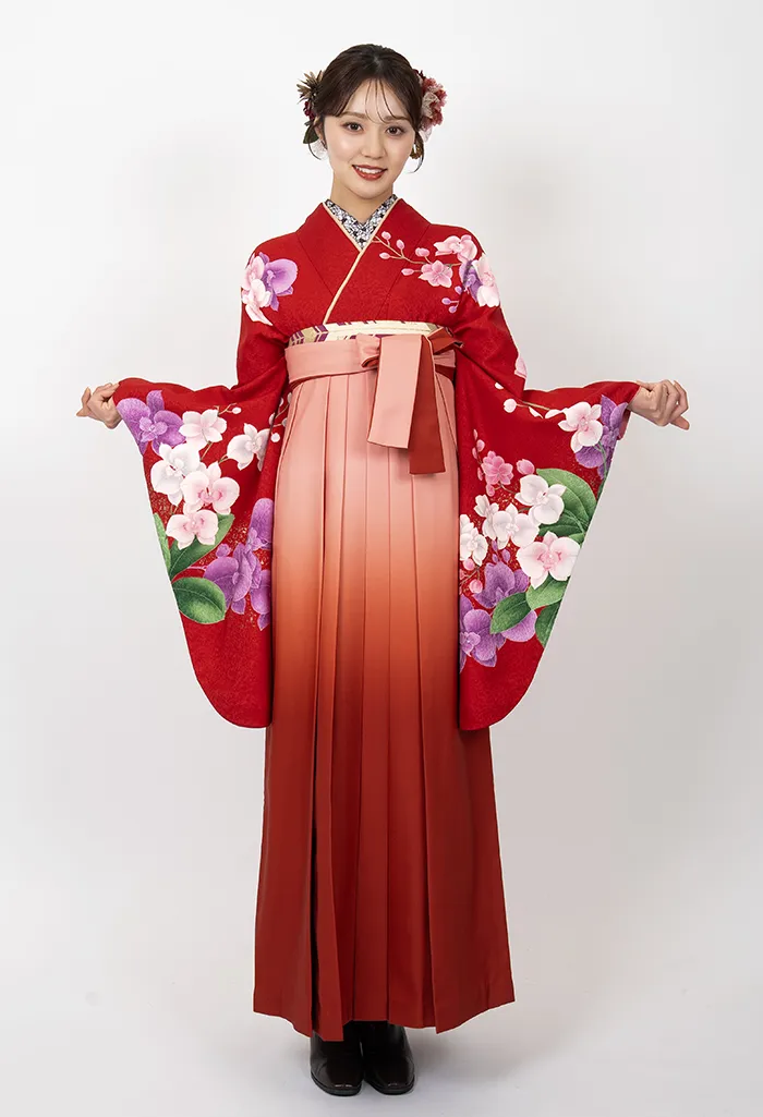 卒業式袴レンタル G00013_K00051 着物：赤胡蝶蘭 袴：サーモンピンクぼかし