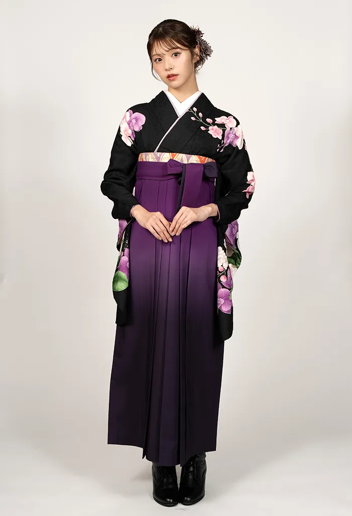 卒業式袴レンタル G00014_K00001 着物：黒胡蝶蘭 袴：ワインぼかし