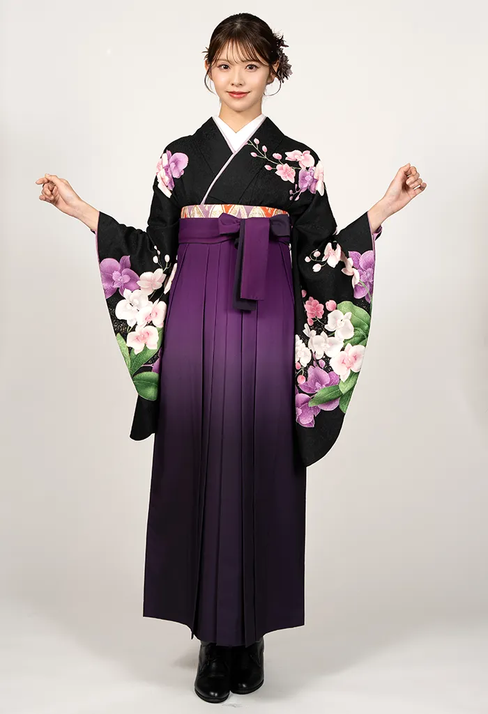 卒業式袴レンタル G00014_K00001 着物：黒胡蝶蘭 袴：ワインぼかし