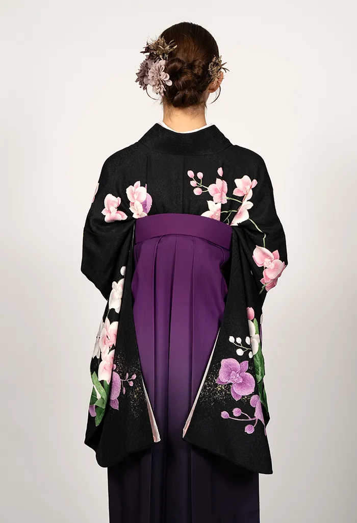 卒業式袴レンタル G00014_K00001 着物：黒胡蝶蘭 袴：ワインぼかし