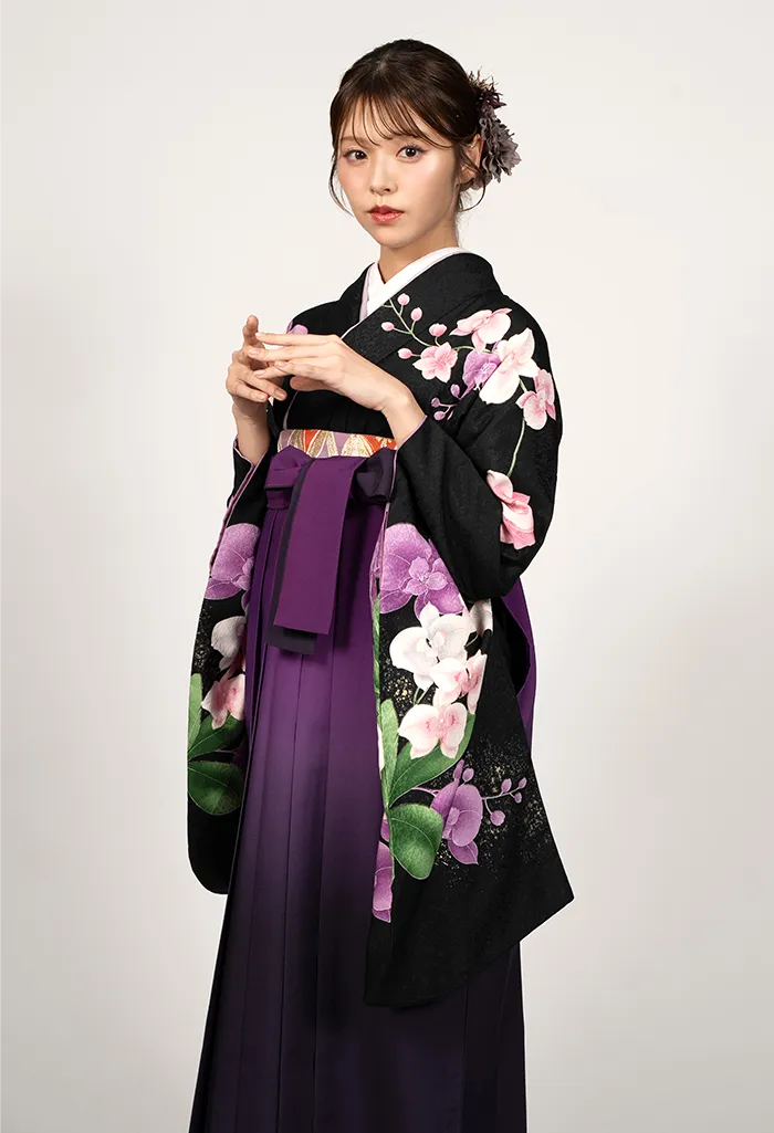 卒業式袴レンタル G00014_K00001 着物：黒胡蝶蘭 袴：ワインぼかし